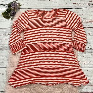 Lulu-B Striped Orange White Textured 3/4 Sleeve Tunic Top